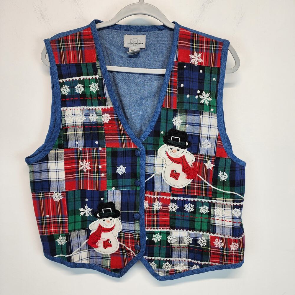 Paul Harris Denim Womens Ugly Christmas Sweater Vest Size L Patchwork Plaid Vtg